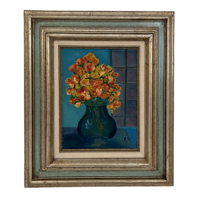 Floral Still Life Original Oil Painting in Silvered Aqua Frame For Sale