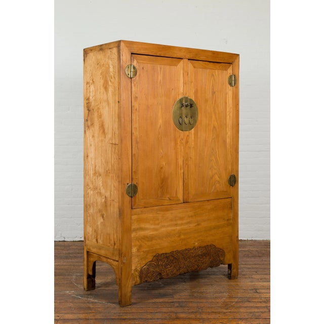 Mid 20th Century Chinese Vintage Elmwood Wedding Cabinet with Carved Apron and Hidden Drawers For Sale - Image 5 of 13