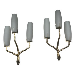 Vintage Bronze-Gold Three-Light Wall Sconces from Arlus, 1960s, Set of 2 For Sale