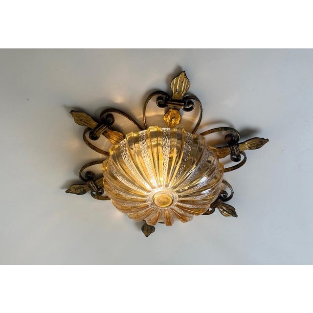 German Gilt Wrought Iron and Textured Glass Flush Mount, 1970s For Sale - Image 4 of 13