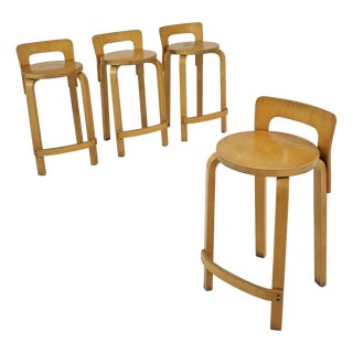 Vintage Wooden Stools by Alvar Aalto for Artek, 1970s, Set of 4 For Sale
