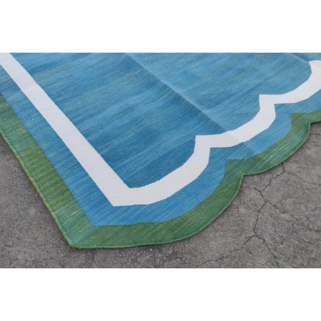 Not Yet Made - Made To Order Handmade Cotton Vegetable Dyed Scalloped Edge Rug Teal Blue With Cream and Forest Green Border - 12x15 For Sale - Image 5 of 10