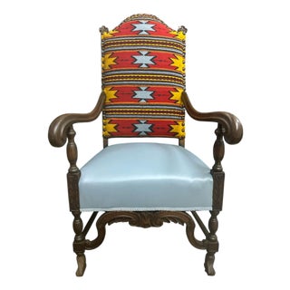 Antique Carved Walnut Hacienda Chair Reupholstered With Artisanal Oaxaca Zapoptec Tapestry and Leather For Sale