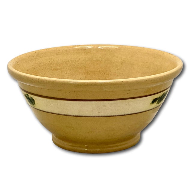 Large Size Antique Green Seaweed Decorated & Banded Yellow Ware Kitchen Mixing Bowl Circa Late 19th Century For Sale In Boston - Image 6 of 18
