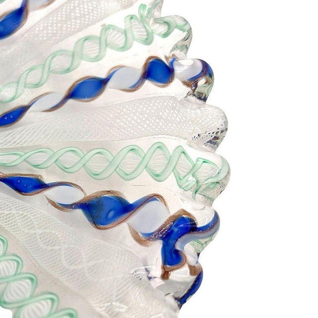 Glass 1960s Zanfircio Murano Attributed Art Glass Shell Dish Green Latticino Ribbons by Salviati For Sale - Image 7 of 7