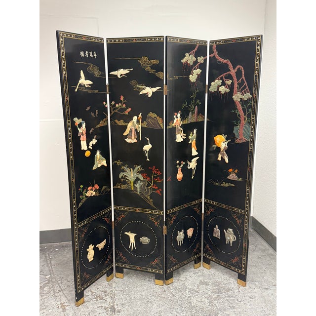 Chinese Chinese Black Lacquer Four-Panel Folding Screen + Soapstone Inlay, Vintage For Sale - Image 3 of 12