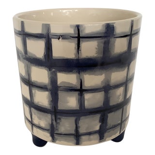 Vintage Ceramic Navy Windowpane Plaid Planter on Three Legs For Sale