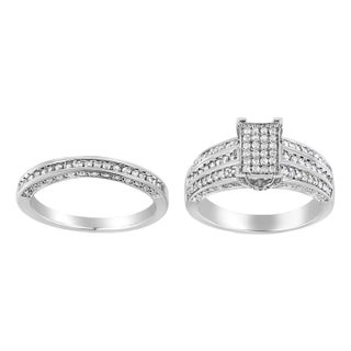 .925 Sterling Silver 3/4 Cttw Prong Set Round Diamond Composite Engagement Ring and Band Set (I-J Color, I3 Clarity) - Size 7.5 - 2 Pieces For Sale