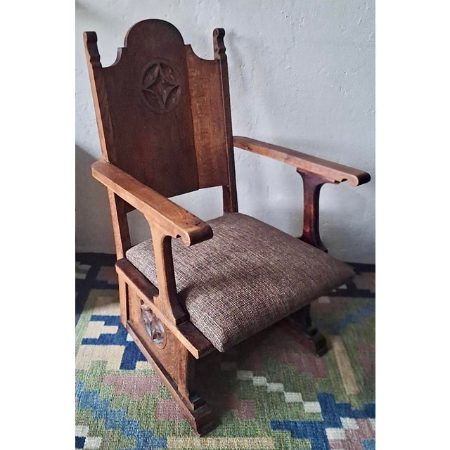Brown Antique Gothic Revival Carved Oak Armchair, 1910s For Sale - Image 8 of 12