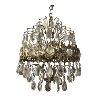 Mid 20th Century Hollywood Regency Brass and Crystal Chandelier For Sale