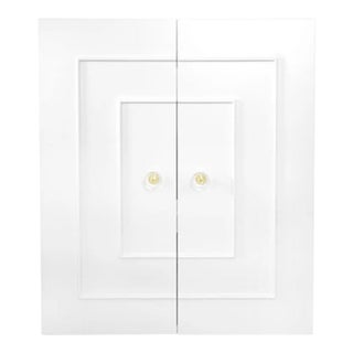 Matthew Izzo Home Judd Matte White Lacquer Storage Cabinet With Lucite and Brass Knobs For Sale