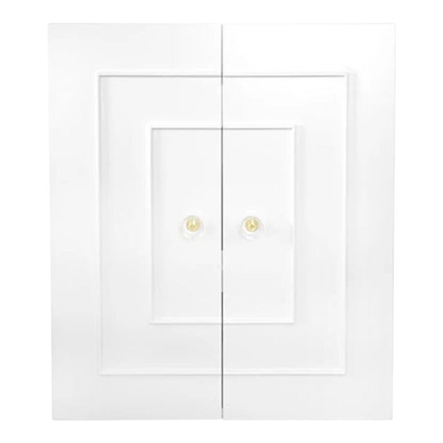Matthew Izzo Home Judd Matte White Lacquer Storage Cabinet With Lucite and Brass Knobs For Sale
