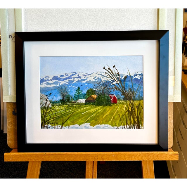 Framed original watercolor painting Home From North. This quaint Idaho farm scene is a present day peaceful American...