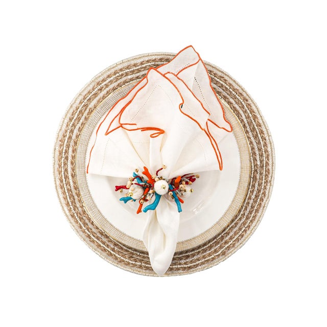 Contemporary White Linen Napkins With Orange Ruffled Hemstitch Edges, Set of 4 For Sale - Image 3 of 11