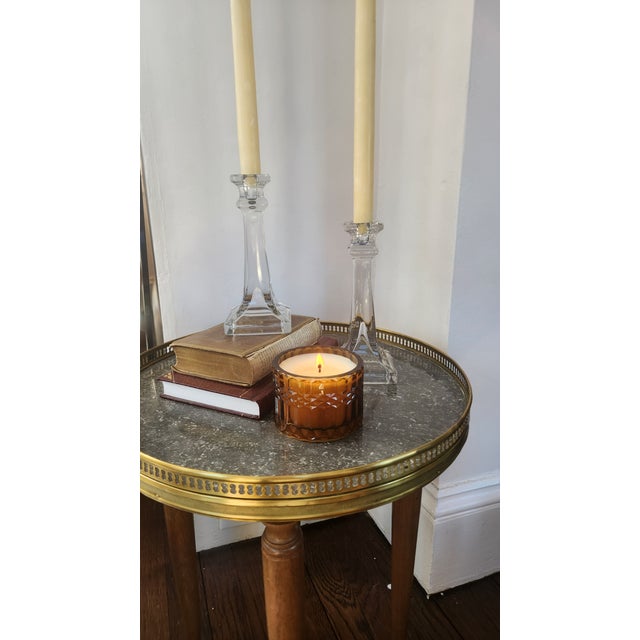 A pair of vintage American crystal glass candlesticks in a striking architectural Art Deco form, featuring square bases,...