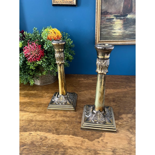 English Antique Brass Candlesticks With Ivy Relief Bases, Circa 1900 For Sale In New York - Image 6 of 17