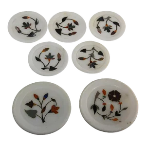 Vintage Rajasthani Pietra Dura White Stone Inlay Taj Mahal India Style Coasters- Set of 7