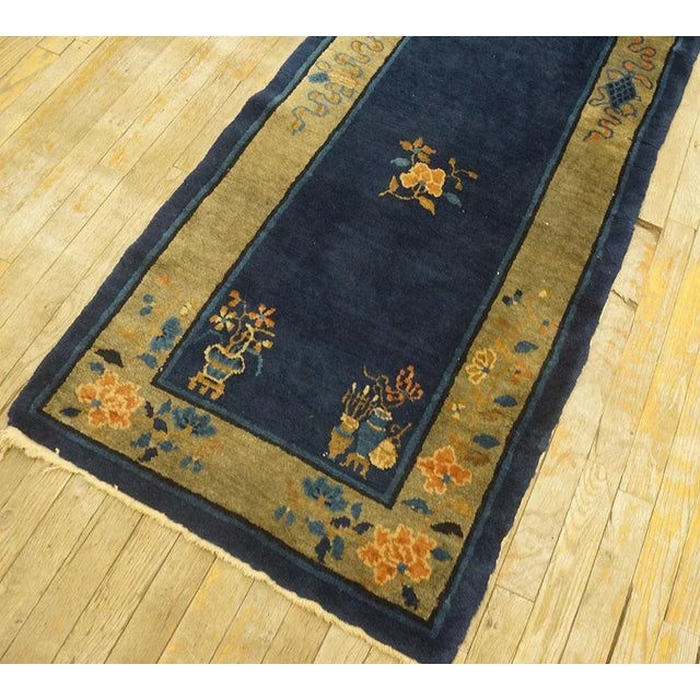 Textile 1920s Navy Dragon Floral Antique Chinese Peking Rug 2' 4'' X 14' 4'' Wool Knotted Carpet For Sale - Image 7 of 9