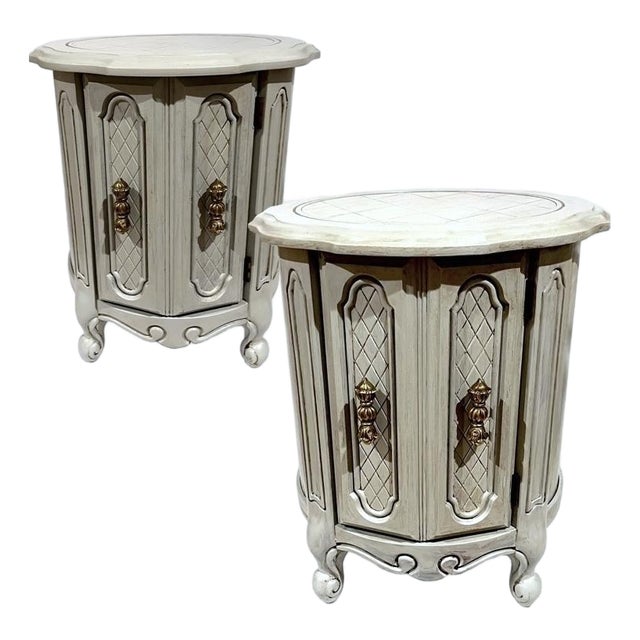 Vintage French Cylinder Shaped Nightstands Painted French Gray - A Pair For Sale