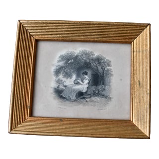 Small Gold Gilded Framed 19th Century Black and White Engraving of Woman Holding a Flower "The Wreath" For Sale