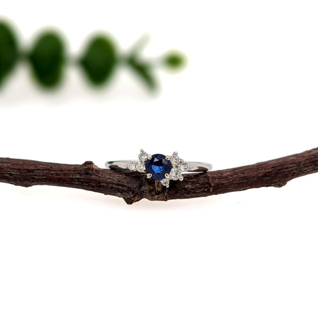 2020s Dainty Ceylon Sapphire Ring W Earth Mined Diamonds in Solid 14k Gold | Rd 4mm For Sale - Image 5 of 10