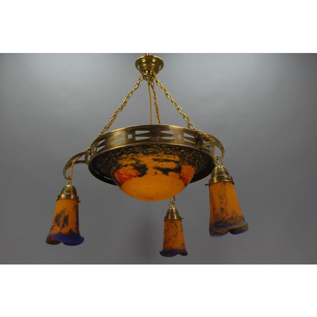 Metal Art Nouveau French Brass Chandelier with Pâte De Verre Glass by Noverdy, 1920s For Sale - Image 7 of 18