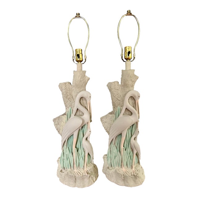 Vintage Faux Bois Plaster Egret Lamps For Sale