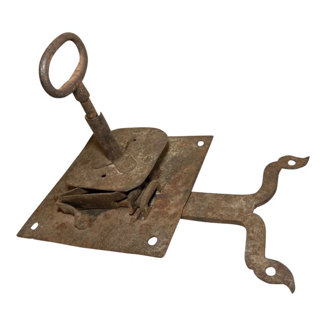 Antique 1700's Handmade Wrought Iron Skeleton Key Lock Locking Mech. Hardware For Sale