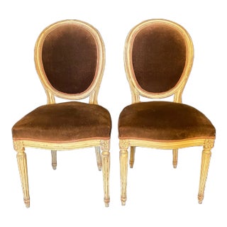 French Louis XVI Oval Back Carved Wood Mohair Upholstered Dining Chairs -Set of 2 For Sale
