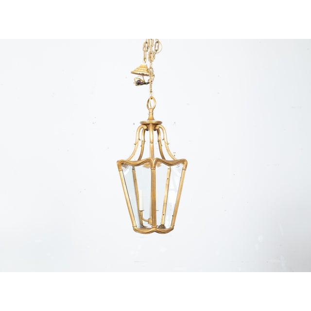 Art Nouveau Style Gilt Metal Three-Light Lantern with Subtle Scrolling Effects For Sale In Atlanta - Image 6 of 12