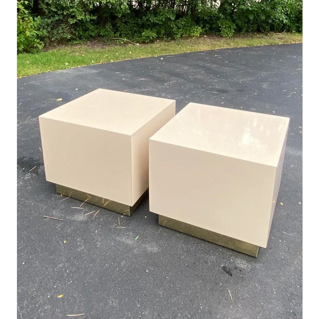 1990s Milo Baughman Style Lacquered Brass Plinth Base End Tables - a Pair For Sale - Image 10 of 12