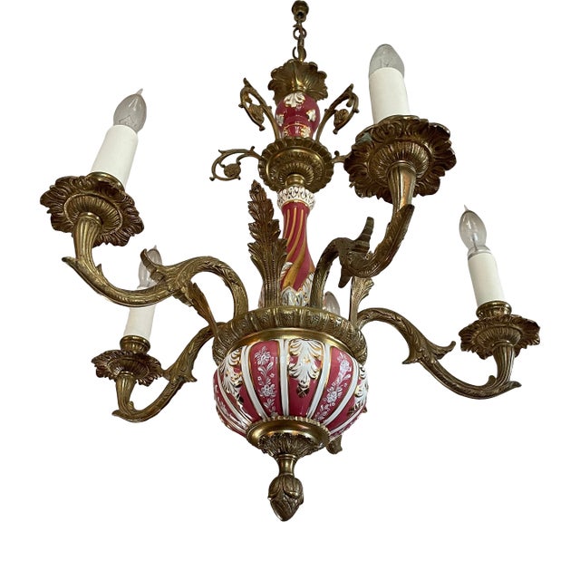 5 Light Brass and Ceramic Chandlier For Sale