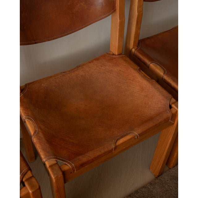 Brutalist Elm and Leather Dining Chairs from Maison Regain, 1970s, Set of 4 For Sale - Image 11 of 16