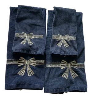 1980’s Vintage Avanti Black Hand Towel Set With Gold Stitching - Set of 4