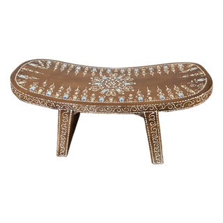 Hand-Painted Indian Curved Wood Stool With Floral Motifs For Sale