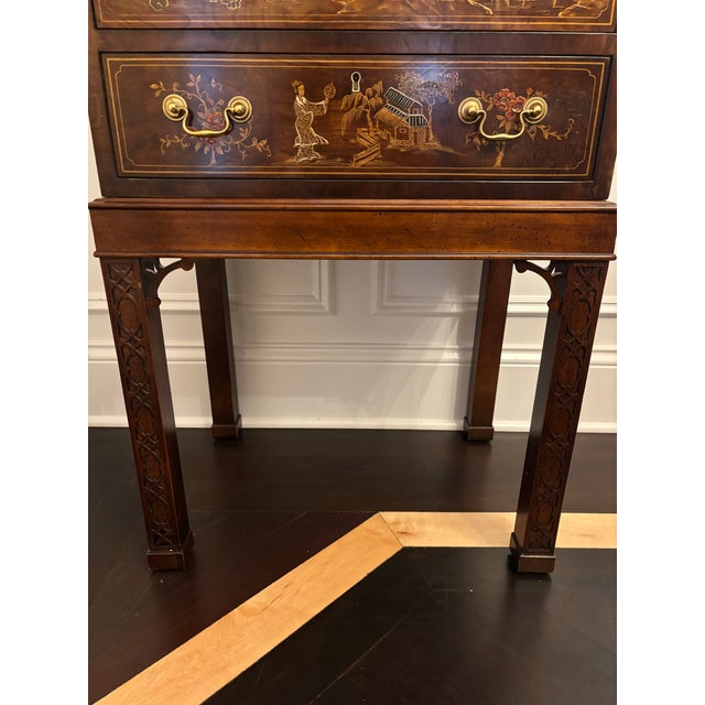 Offered is a mahogany Chinese Chippendale style chest by Henredon. This piece features a chinoiserie painted scene with...