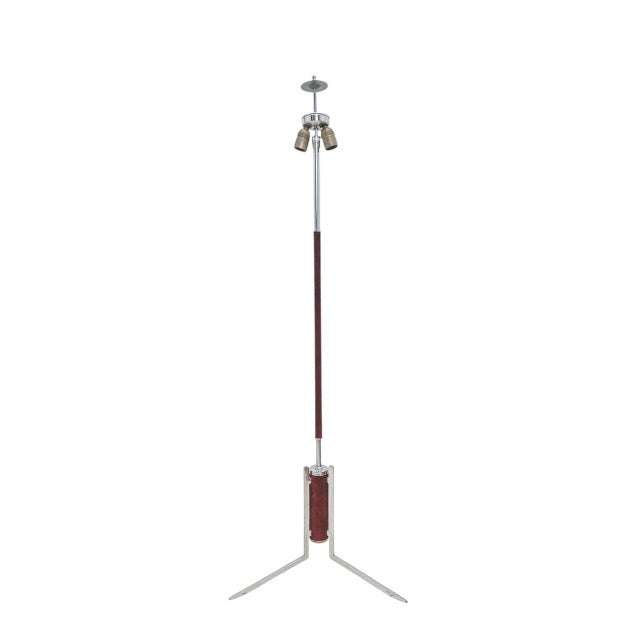 Elegant tripod floor lamp, rare model, probably Swiss-made. Stunning, stylish design in high-gloss chrome with burgundy...