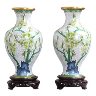 Chinese Jingfa Vases in Enamel, Metal & Wood, 1960s, Set of 2 For Sale