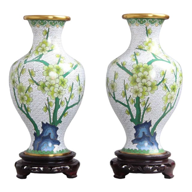 Chinese Jingfa Vases in Enamel, Metal & Wood, 1960s, Set of 2 For Sale