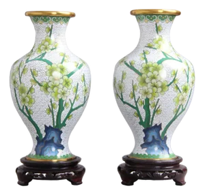 Chinese Jingfa Vases in Enamel, Metal & Wood, 1960s, Set of 2