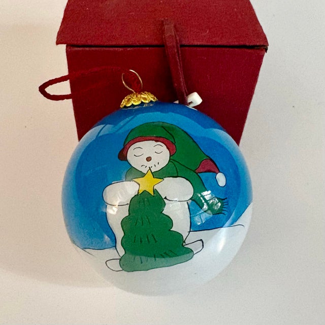 Chinese Vintage Li Bien Style Hand-Painted Snowman Glass Christmas Ornament With Original Box For Sale - Image 3 of 9