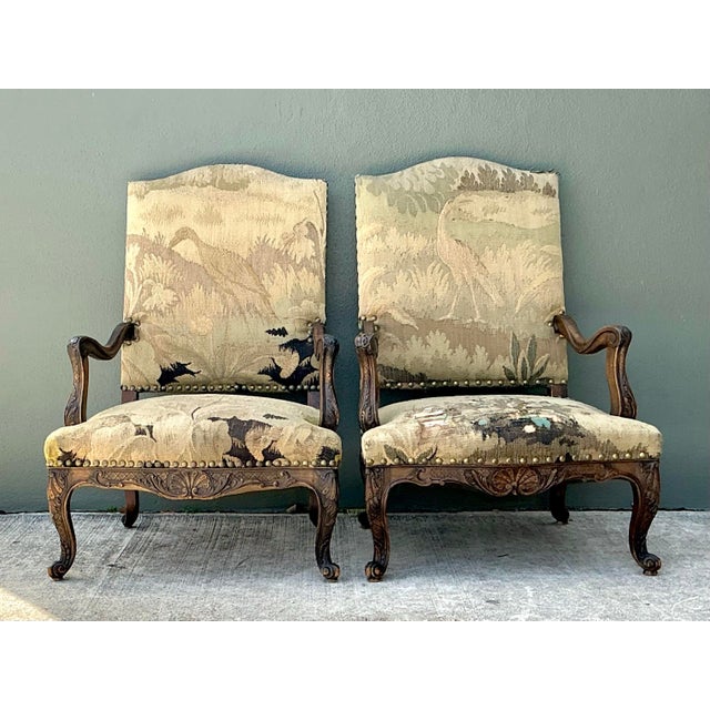 Shabby Chic Vintage 18th Century French Baroque Tapestry Arm Chairs - A Pair For Sale - Image 3 of 12