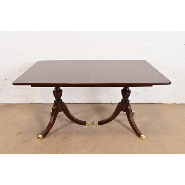 Baker Furniture Style Georgian Mahogany Double Pedestal Extension Dining Table, Newly Refinished For Sale In South Bend - Image 6 of 12