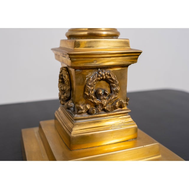 Pair Corinthian Column Brass Candlesticks W. Crystal Globes For Sale - Image 9 of 18