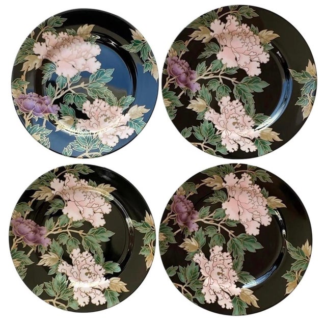 Ceramic Fitz & Floyd Cloisonné Peony Ff 75, Black - Retired Collection of 4 Settings / Dinner Plates , Accent Plates and Four Cups With Saucers For Sale - Image 7 of 12