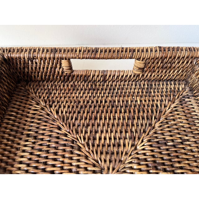 Boho Chic Woven Brown Rattan Tray-Inset Handles-Artifacts For Sale - Image 3 of 8