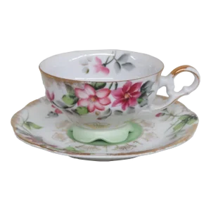 Porcelain White and Gold Pink Floral Design Tea Cup and Saucer Set