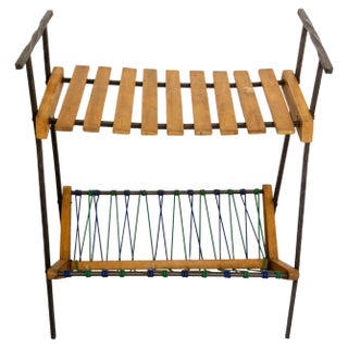French Side Table and Magazine Rack Stand in Beech and Iron, 1950 For Sale