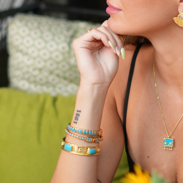 Metal Turquoise Gemstone & Gold Dainty Bangle Bracelet For Sale - Image 7 of 8