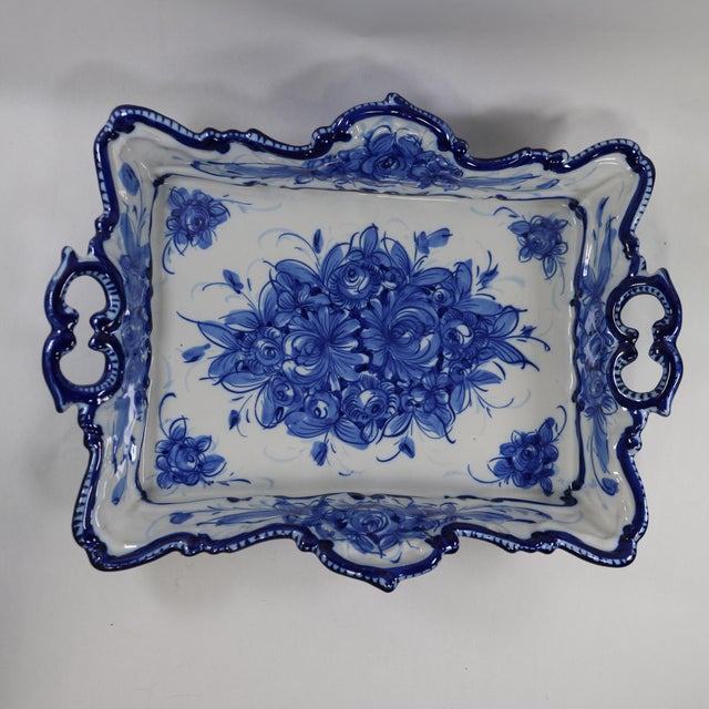 Mid 20th Century Vestal Alcobaca Portugal Blue and White Floral Handled Ceramic Serving Tray For Sale - Image 11 of 16